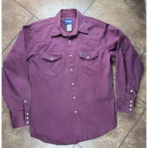 VTG Wrangler Brushpopper Shirt Sz L Pearl Snap Canvas Western Cowboy